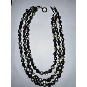 Multi Strand Statement Ribbon Necklace with Silver Black‎ Clear Glass Beads 22"